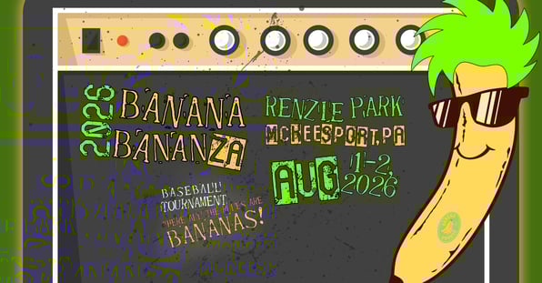 Illustrated Banana BananZa 2026 baseball tournament graphic featuring banana mascot, dates, and Renzie Park location