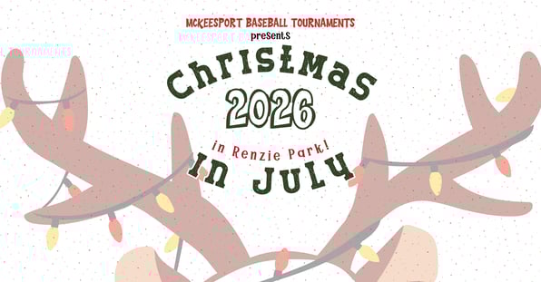 Illustrated Christmas in July baseball graphic featuring holiday lights and event date at Renzie Park