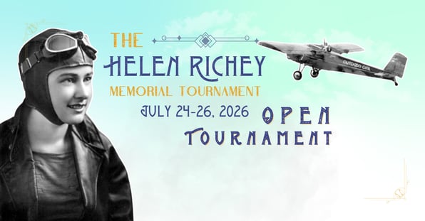 Historic portrait of Helen Richey with vintage aircraft, promoting the 2026 Helen Richey Memorial Baseball Tournament at Renzie Park.
