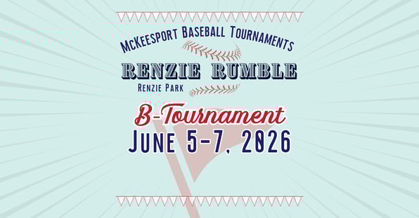 Graphic promoting the 4th Annual McKeesport Renzie Rumble baseball tournament at Renzie Park, June 5–7, 2026