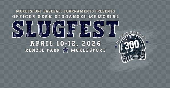 Graphic for the Officer Sean Sluganski Memorial Slugfest baseball tournament, April 10–12, 2026 at Renzie Park in McKeesport, featuring bold navy lettering and a memorial baseball cap marked 300