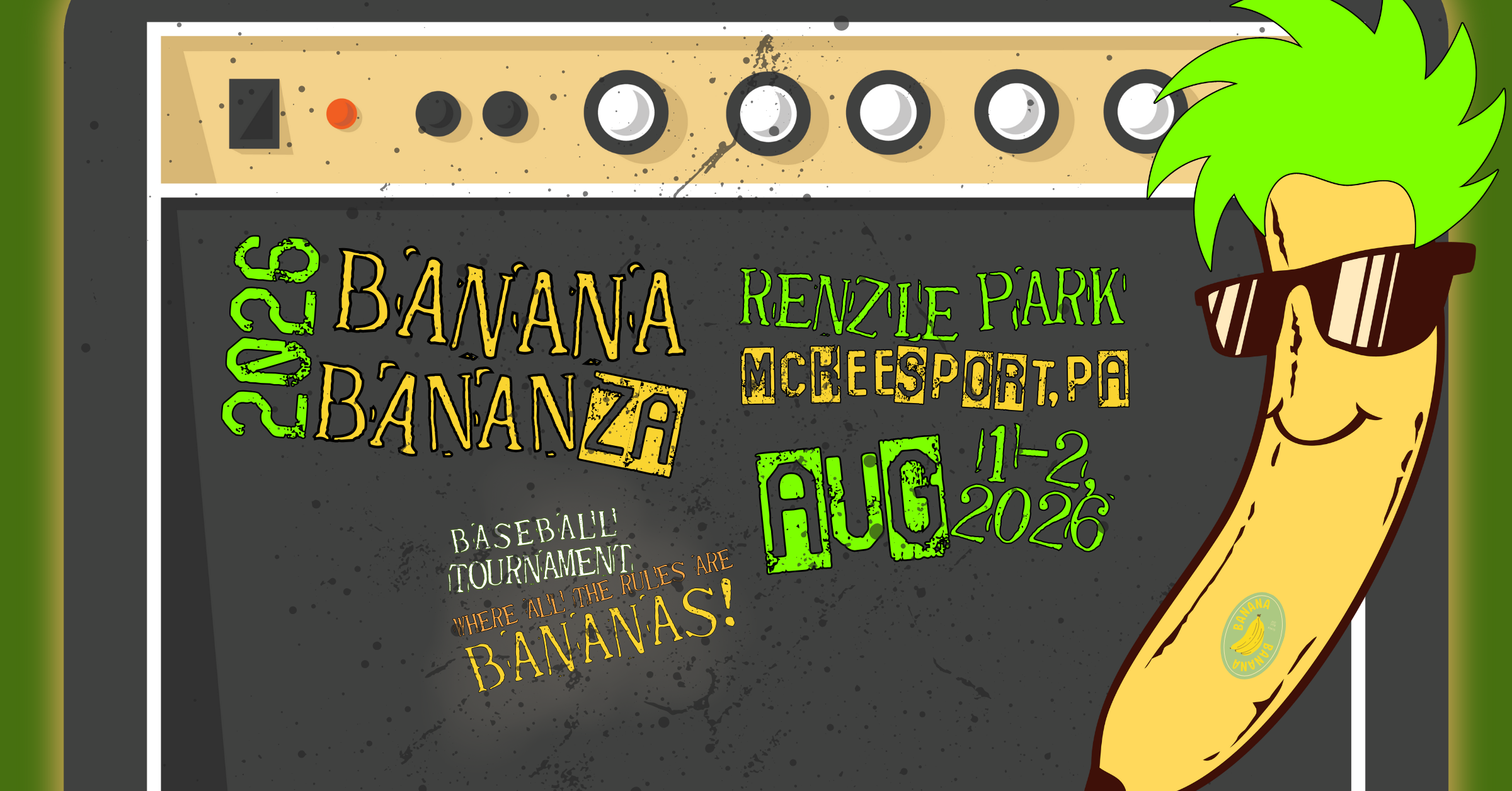 Illustrated Banana BananZa 2026 baseball tournament graphic featuring banana mascot, dates, and Renzie Park location