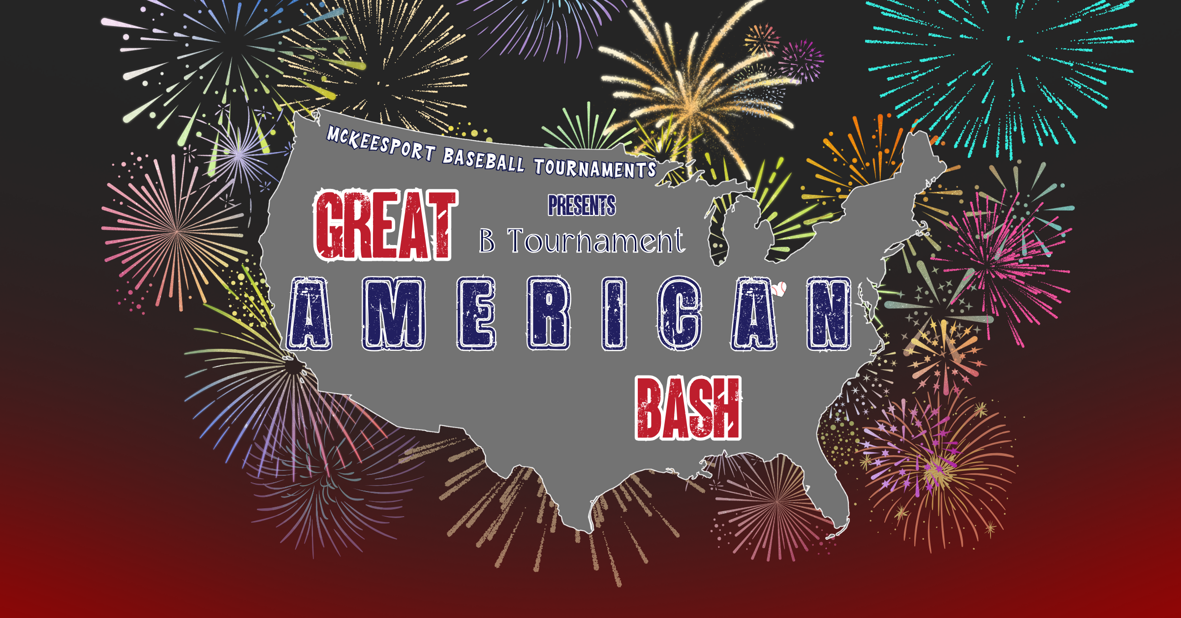 Fireworks behind a USA map graphic promoting the Great American Bash baseball tournament at Renziehausen Park