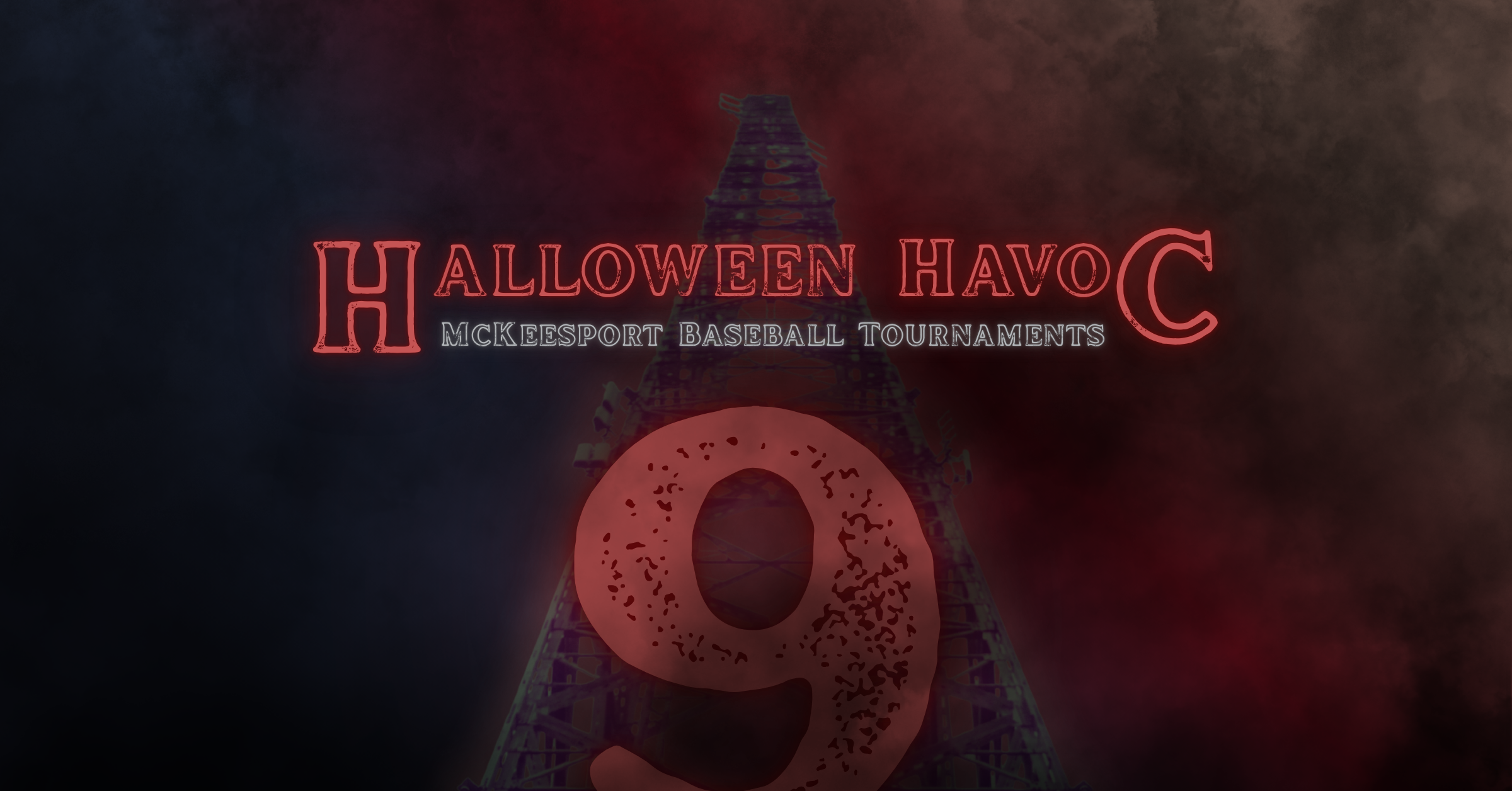 Halloween Havoc baseball tournament graphic featuring eerie lighting and spooky October atmosphere.
